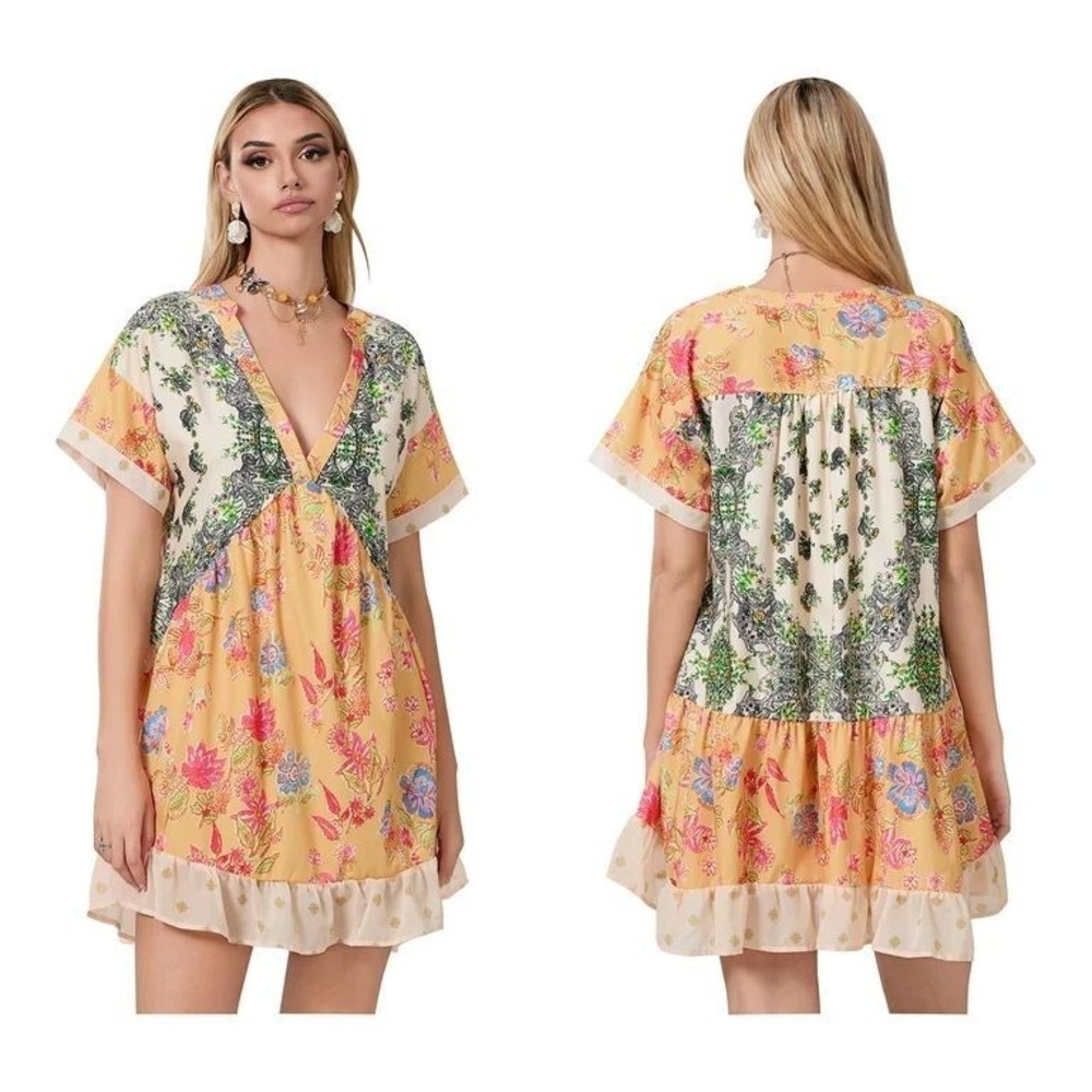 Patchwork Geometric Lined V Neck Hippie Gypsy Sexy Party Resort Y2K Mini Dress M